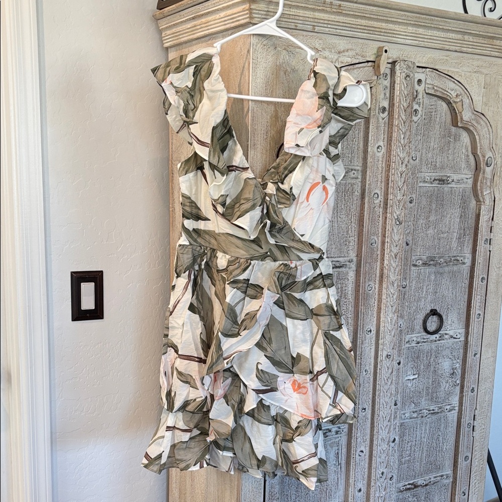 Express Sleeveless Wrap Dress in Cream and Olive with Peach Accents